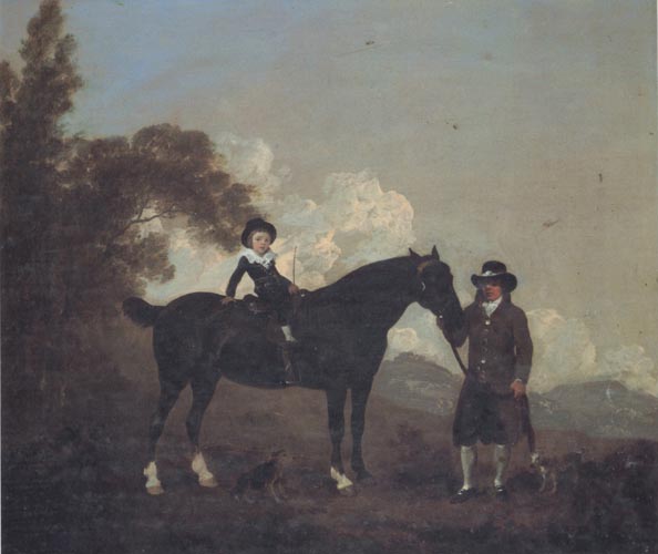 A Child on A Hunter Held by a Groom and Tow Terriers in a Landscape
